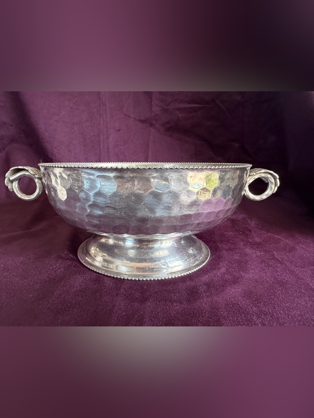 Hammered Pedestal Serving Bowl with Loop Handles - Silver Tone